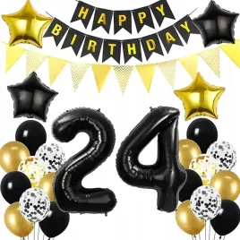 balony-zestaw-na-24-urodziny-dekoracje-baner-girlanda-gwiazdy-czarny-zloty