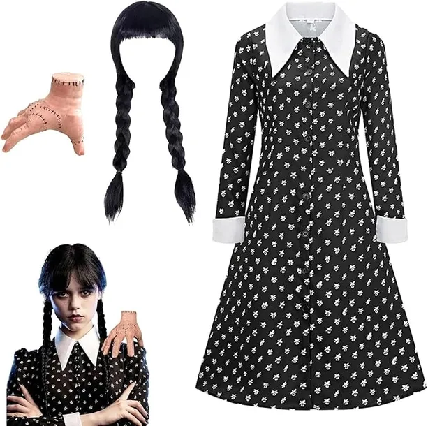 STRÓJ KARNAWAŁOWY WEDNESDAY PERUKA KOSTIUM NA BAL RĄCZKA ADDAMS 142-150 cm