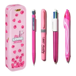 zestaw-pismienniczy-rozowy-bic-olowek-dlugopisy-zakreslacz-w-metalowym-etui