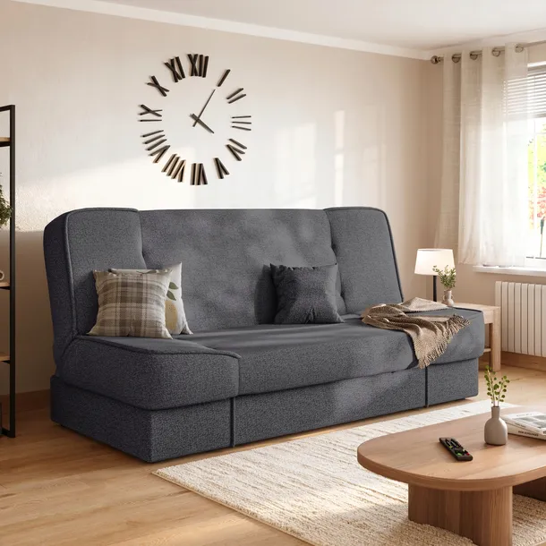 Szara wersalka z funkcją spania TOLIA sofa rozkładana z pojemnikiem szara