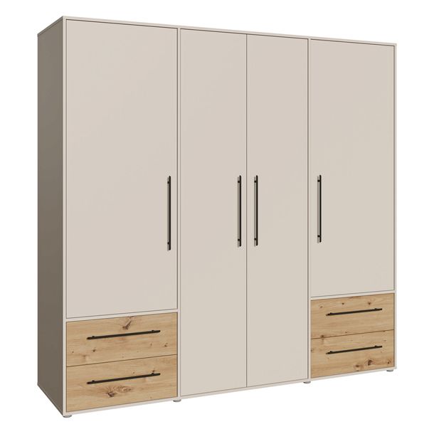 Szafa ubraniowa 200 czterodrzwiowa kaszmir beż dąb z półkami 206x53x200 cm