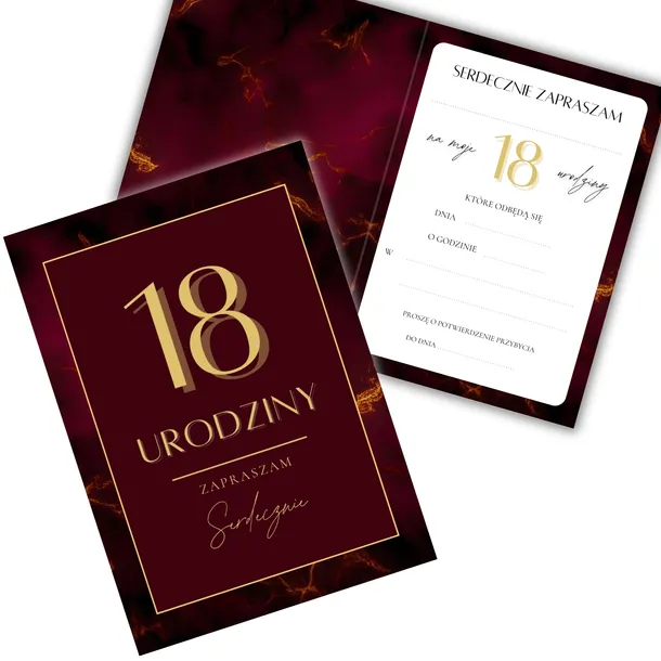 Zaproszenia na 18 urodziny bordowe ogniste złote marmur eleganckie koperta