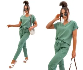 premium-komplet-lniany-spodnie-bluzka-w-serek-krotki-rekaw-s-36