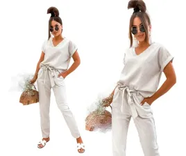 premium-komplet-lniany-spodnie-bluzka-w-serek-krotki-rekaw