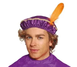 czapka-pazia-fioletowa-z-pomaranczowym-piorem