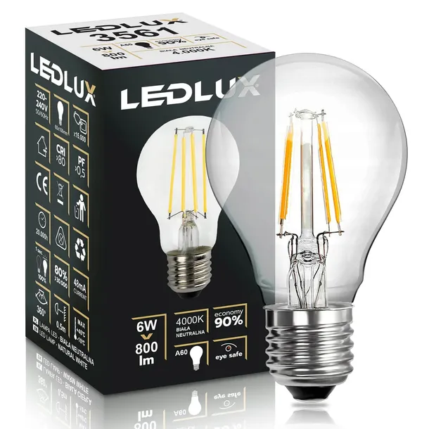 Żarówka E27 Filament 6W =50W 4000K neutralna LEDLUX Premium nie mruga ediso