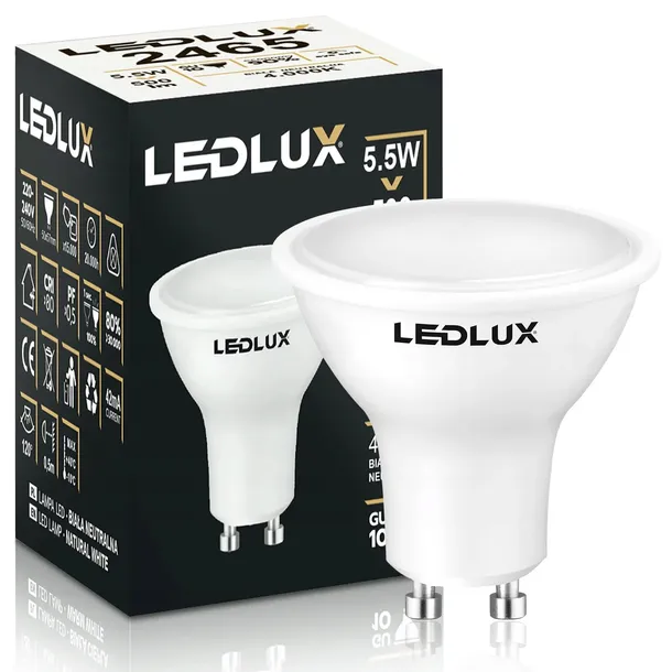 Żarówka LED GU10 5.5W =50W 4000K Neutr. LEDLUX Premium bez migotania