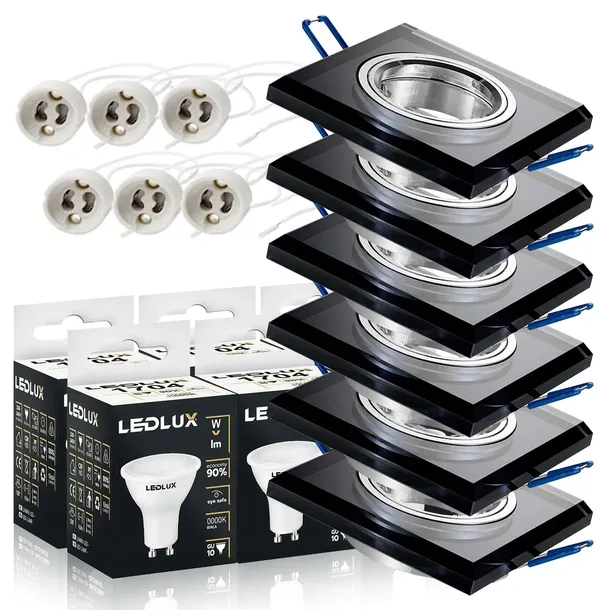 6x Oprawa halogenowa Szklana Kwadrat CZARNA z Żarówką GU10 LED 4,5W 3 BARWY