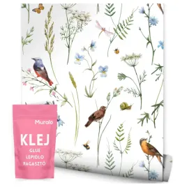 tapeta-do-jadalni-ptaki-kwiaty-liscie-natura-dekor