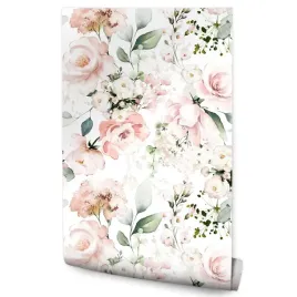 tapeta-do-salonu-sypialni-malowane-kwiaty-roze-natura-liscie-rosliny