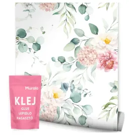 tapeta-w-rolce-do-sypialni-akwarele-kwiaty-roze-natura-liscie-eukaliptus