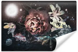 fototapeta-scienna-kwiaty-mur-ksiezyc-3d-450x300