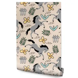 tapeta-do-pokoju-dzieci-konie-kwiaty-liscie-natura