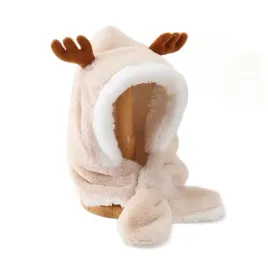 czapka-i-szalik-zimowa-dziecieca-2w1-bezowa-renifer-przyjemna-w-dotyku