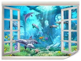 fototapeta-dla-dzieci-okno-ocean-delfiny-ryby-rafa-koralowa-tapeta-450x300