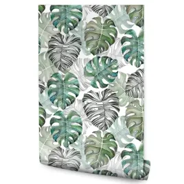 tapeta-do-salonu-malowane-liscie-monstera-rosliny