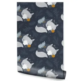 tapeta-scienna-dla-dziecka-spiacy-lisek-liscie-las