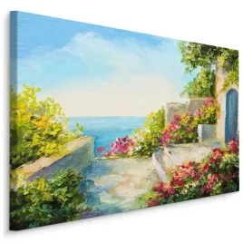 obraz-do-salonu-morze-budynek-kwiaty-niebo-100x70
