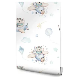 tapeta-w-rolce-dla-dzieci-misie-samoloty-chmurki-baloniki-styl-boho-gwiazdy