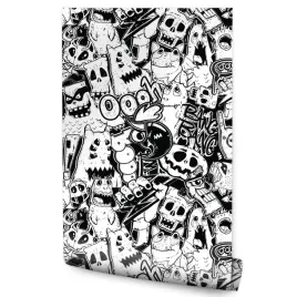 tapeta-w-rolce-dla-mlodziezy-czarno-biale-potwory-abstrakcja-halloween