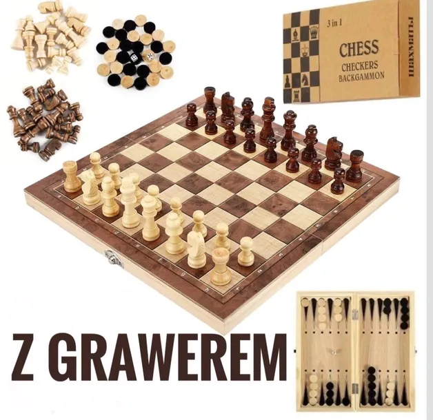 Szachy 40x40cm Z GRAWEREM na prezent Warcaby Tryktrak duże ZESTAW 3w1