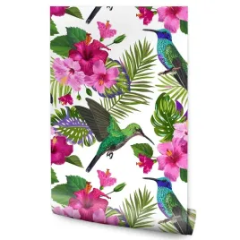 tapeta-do-salonu-kolorowe-kolibry-liscie-kwiaty