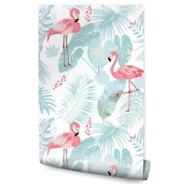 tapeta-scienna-flamingi-liscie-tropikalne-natura