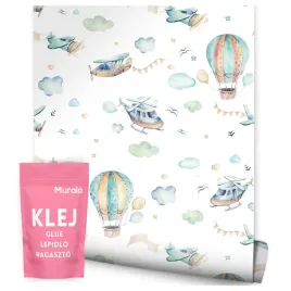 tapeta-dla-dzieci-samoloty-chmurki-balony-helikoptery-gwiazdy-styl-boho