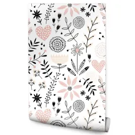 tapeta-dla-dzieci-kwiaty-serduszka-liscie-rosliny-natura-dla-dziewczynki