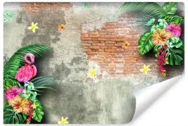fototapeta-flamingi-mur-kwiaty-liscie-3d-450x300