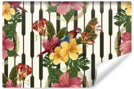 fototapeta-styl-retro-papugi-kwiaty-liscie-400x280