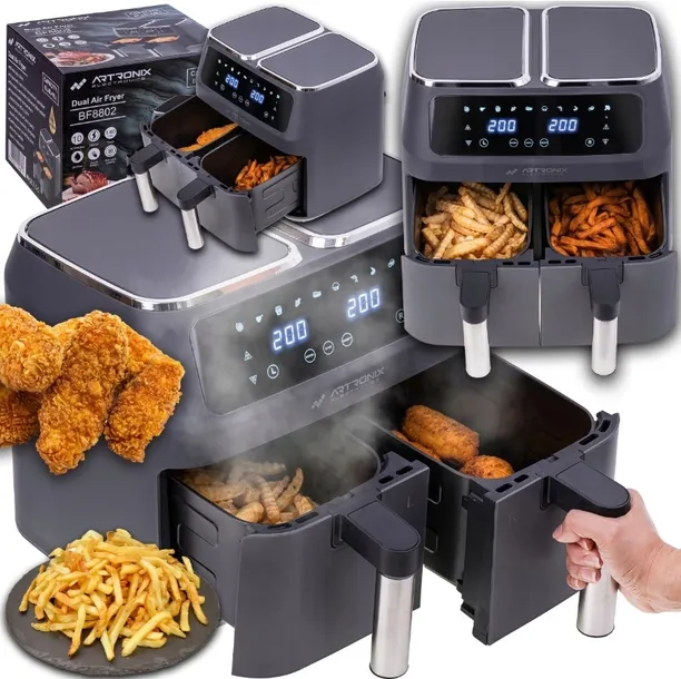 FRYTKOWNICA BEZTŁUSZCZOWA PODWÓJNA AIR FRYER 8L 2800W DWUKOMOROWA PIEKARNIK