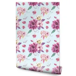 tapeta-do-sypialni-roze-kwiaty-liscie-owoce-lesne