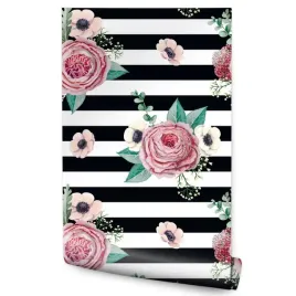tapeta-dekoracyjna-paski-kwiaty-roze-liscie-ozdoba