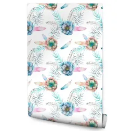 tapeta-do-salonu-akwarelowe-kwiaty-piora-styl-boho