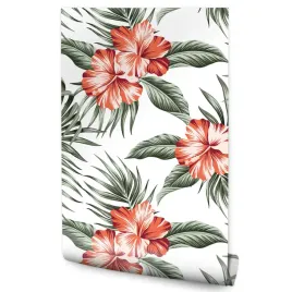 tapeta-hibiskus-kwiaty-liscie-tropikalne-rolka-10m