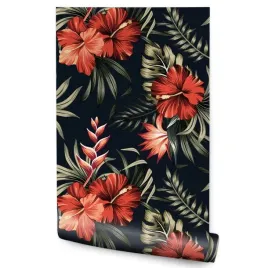 tapeta-scienna-kwiaty-hibiskusa-liscie-tropikalne