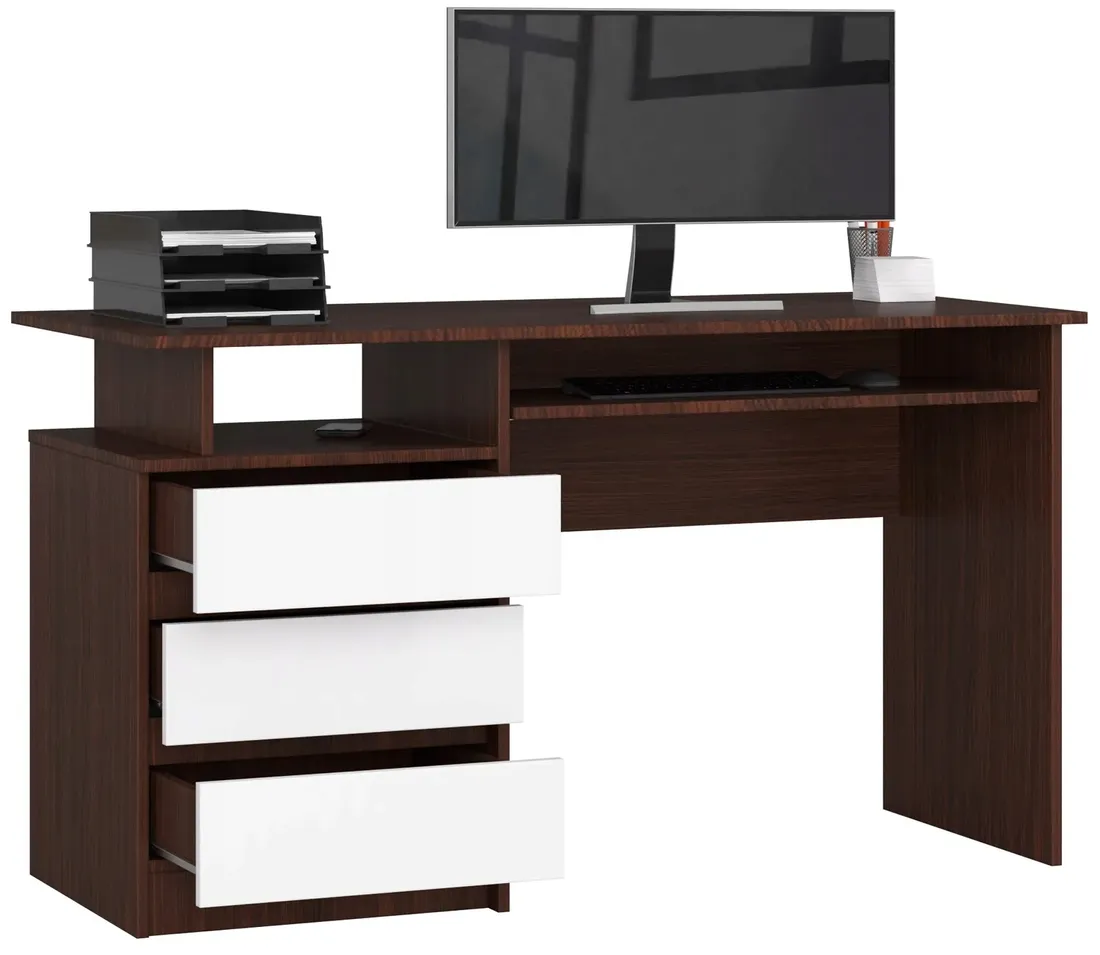 biurko-wolnostojace-komputerowe-clp-135-cm-3-szuflady-2-polki-wenge-biale