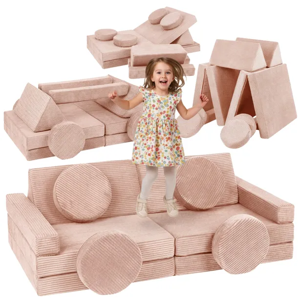 SOFA MODUŁOWA DLA DZIECI PIANKOWA KLOCKI PUDROWY RÓŻ SZTRUKS POLSKA FIRMA