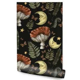 tapeta-w-rolce-do-sypialni-ksiezyce-liscie-motyle-gwiazdy-grzyby-styl-boho