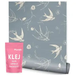 tapeta-do-salonu-sypialni-ptaki-jaskolki-kwiaty-liscie-styl-boho-natura