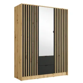 szafa-z-lustrem-150-cm-trzydrzwiowa-korso-dab-artisan-czarna-lamele-polki