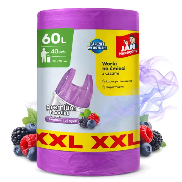 WORKI NA ŚMIECI 60L Z USZAMI ZAPACHOWE MOCNE XXL JAN NIEZBĘDNY 40 SZT