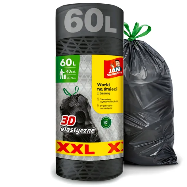 WORKI NA ŚMIECI JAN NIEZBĘDNY 60L Z TAŚMĄ ELASTYCZNE ROLKA XXL 40SZT LDPE