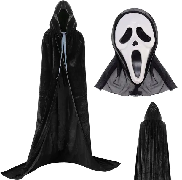 STRÓJ DUCH HALLOWEEN ŚMIERĆ CZARNA PELERYNA PŁASZCZ WELUR+MASKA KRZYK XXL