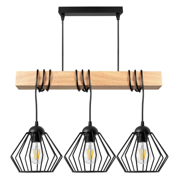 Lampa Wisząca LED Zwis Belka Drewniana Loft Druciana Czarna 3xE27
