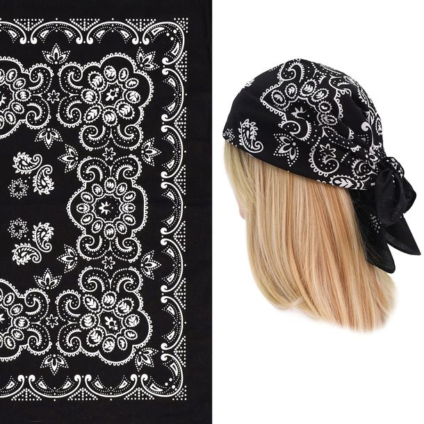 Duża BANDAMKA Bandana Modna Chusta do Włosów Bawełniana XL CZARNA Paisley