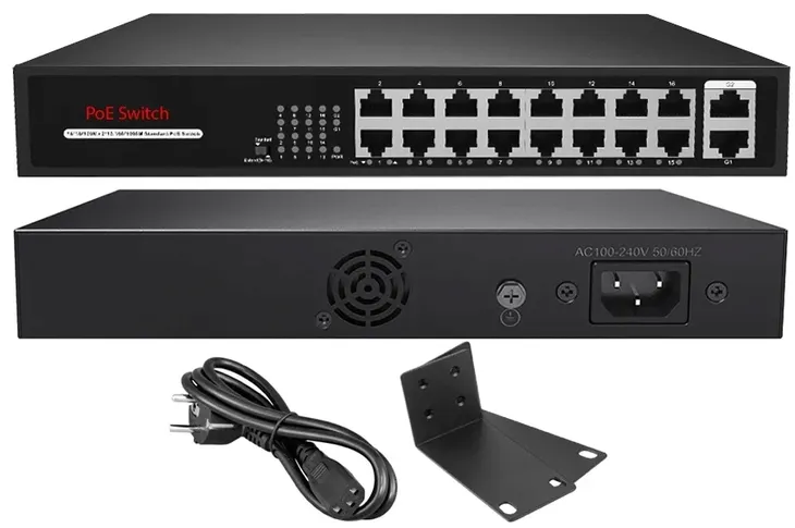 Switch PoE 16x PoE + 2x Uplink 10/100Mbps 160W PoE do kamer IP