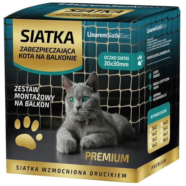 ZESTAW SIATKA NA BALKON 4x3 DLA KOTA Z DRUCIKIEM PREMIUM 110g BEZ WIERCENIA