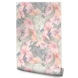 tapeta-w-rolce-boho-kwiaty-czaszki-piora-dekoracja
